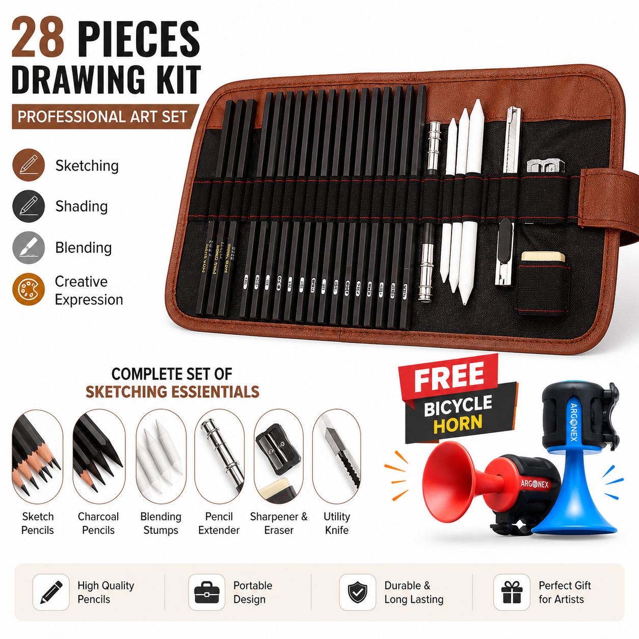 28 Pieces Professional Drawing Kit | Sketching & Charcoal Pencil Set for Artists