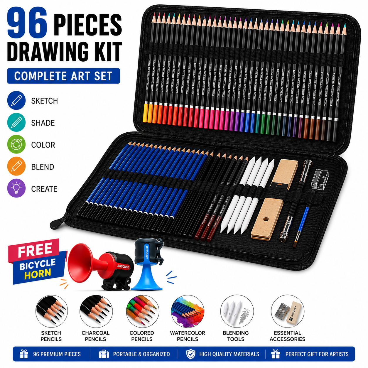 96 Pieces Professional Drawing Kit – Complete Art & Sketching Set for Beginners & Artists